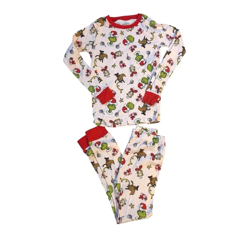Carters The Grinch Christmas‎ Pajama Set Kids Size 10 White Cotton Holiday PJs